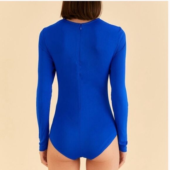 Farm Rio 🌴🦜🌺 Vivid Bright Blue Long Sleeve, High-Neck Bodysuit, Size XXS. NWT - Picture 2 of 16